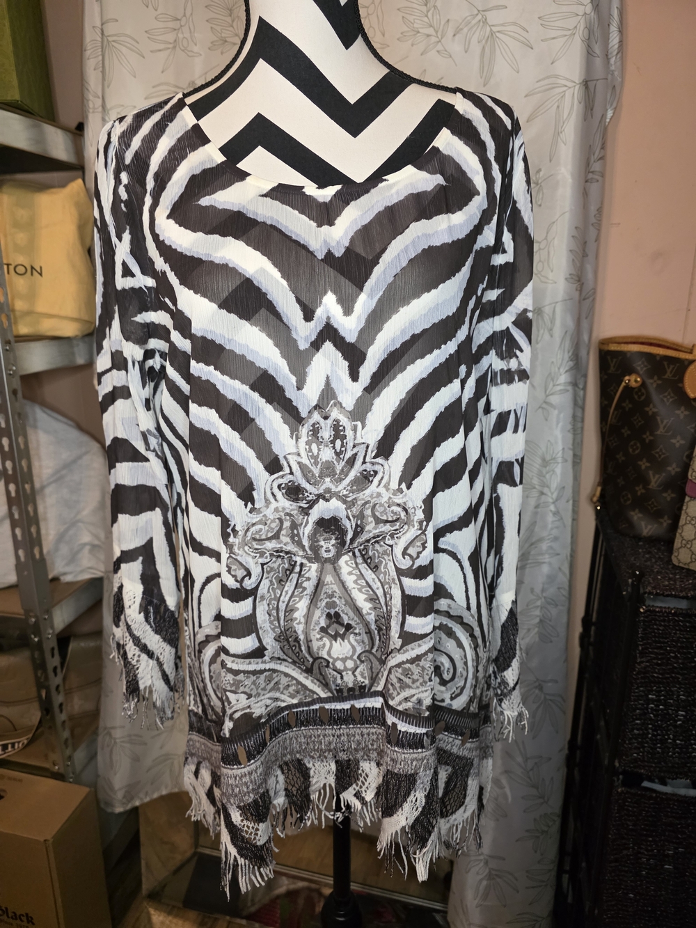 Brown, Cream And Grey Printed Fringe Cover-up